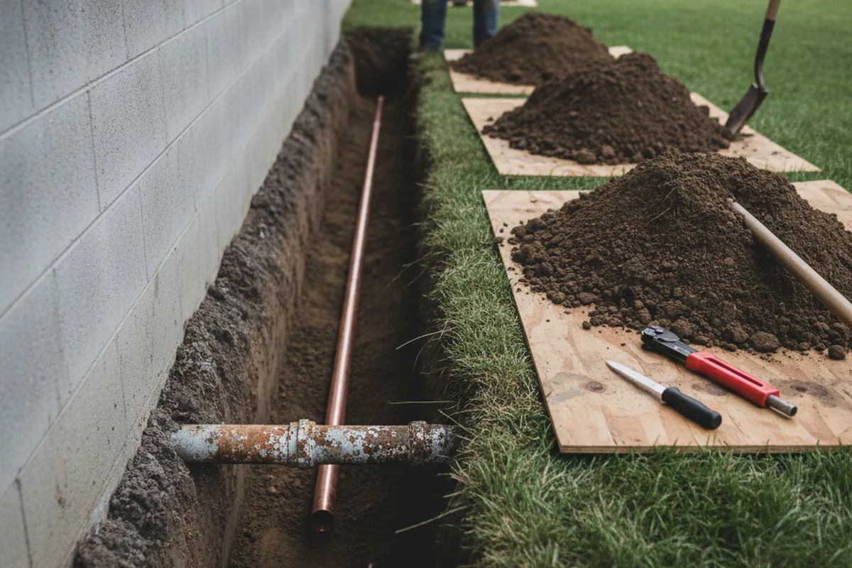 Excavated water line trench during Water Softener Installation in Chicora
